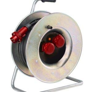 Famatel Enrollacable metalico IP55 50m; entrada: clavija industrial 3P+N+T 16A / salida: 2 bases industriales 3P+N+T 16A