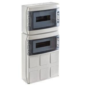 IDE COFRET IP65 PARA TOMAS DE CORRIENTE 2x12 (24) MÓD. TAPAS PRETROQUELADAS VENTANA TRANSP. REGLETA N&T Referencia: PCSN24PT/RR